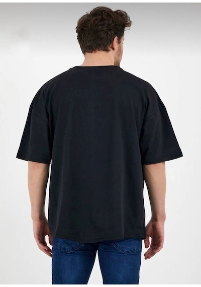 Erkek Oversize Pamuklu Bisiklet Yaka Kısa Kollu T-shirt SIYAH