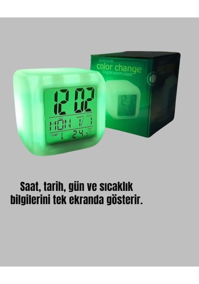 7 Renk Led Işıklı Alarmlı Dijital Küp Masa Saati Termometreli Gri - Siyah