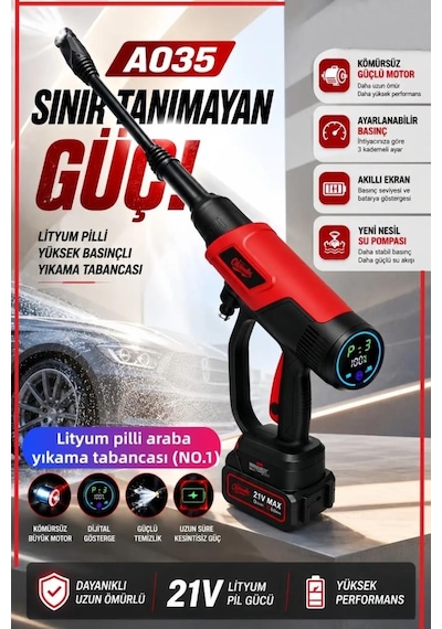 Profesyonel Kömürsüz Motor Dijital Göstergeli Ayarlanabilir Basınçlı Şarjlı Oto Yıkama Seti - A035