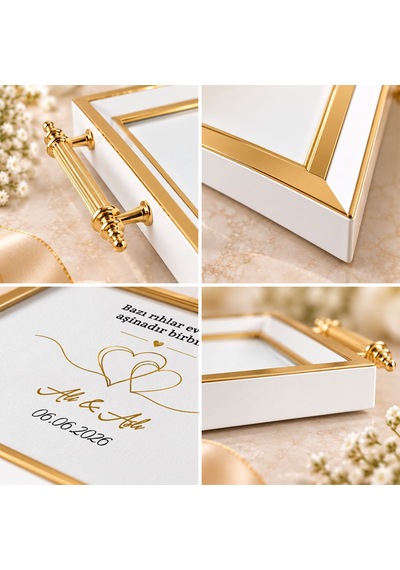 Bk Gift Kişiye Özel Beyaz&gold Söz Nişan Tepsisi-2 - 39x23 Cm Çok Renkli