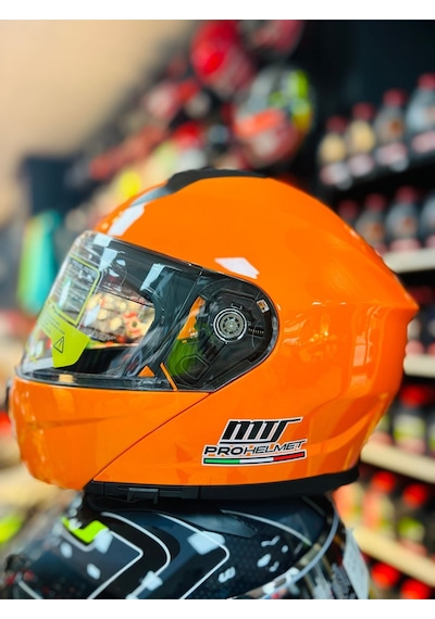 Mts 966 Çene Açılır Güneş Vizörlü Motosiklet Kaskı Kapalı Turuncu