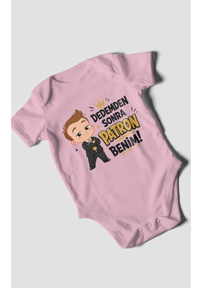 Morivokids Dedemden Sonra Patron Benim Kısa Kollu Bebek Body %100 Pamuk Koyu Pembe