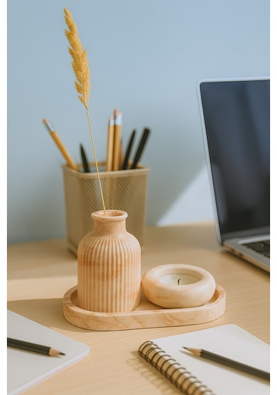 Seramik Vazo, Tealight Mumluk Ve Dekoratif Tepsi Seti - Beyaz Minimal Tasarım
