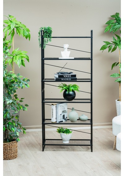 6 Raflı Metal Kitaplık, Modern Dekoratif Raf Ünitesi, Salon Ve Ofis İçin Dosya Dolabı Standı Siyah