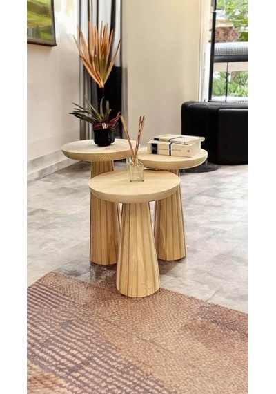 Wood Ahşap 3 Lü Set Mantar Yan Sehpa Konik Model / Naturel Renk / Zigon Sehpa Kahverengi
