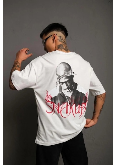 Erkek Baskılı T-shirt Oversize Kısa Kol Bisiklet Yaka Tişort - Beyaz Beyaz