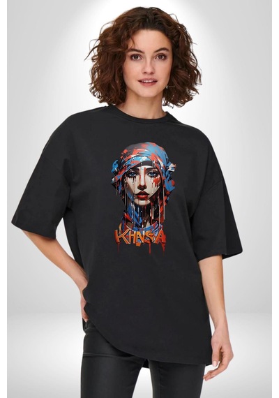 Khansa Eşarp Kadın Tasarımı Pamuklu Bisiklet Yaka Unisex Oversize Boyfriend Dijital Baskılı Siyah T-shirt Siyah