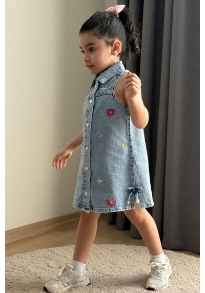Boyboy Kidswear Kız Çocuk Çiçek Nakışlı Denim Elbise Mavi Kot Mavisi