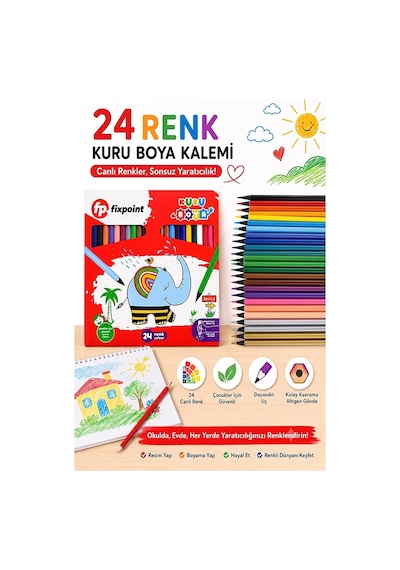 24 Lü Kuru Boya Kalemi Karton Kutu 1 Paket Fixpoint 24 Renk Kuruboya Tam Boy Canlı Renkli Boya Kalem Okul Öğrenci Çok Renkli