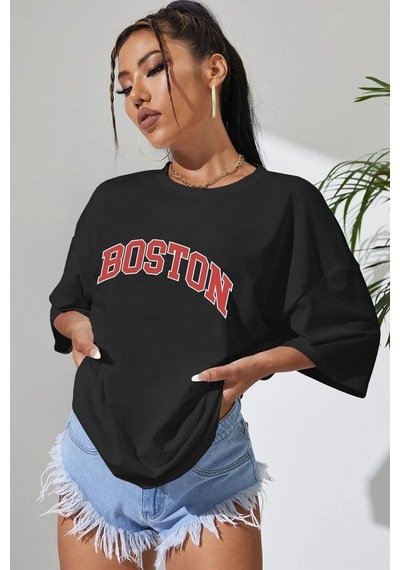 Flood Of Style Unisex Boston Baskılı T-shirt Siyah