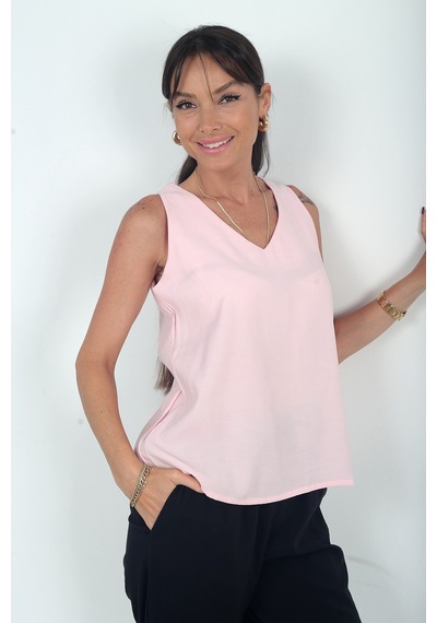 By Saygı Kadın V Yaka Pervazlı İtalyan Cotton Lyocell Bluz Pembe By Saygı Kadın V Yaka Pervazlı İtalyan Cotton Lyocell Bluz Pembe