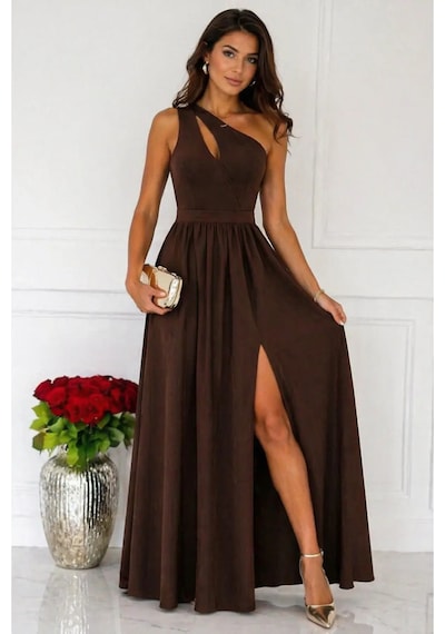 Meridefashion Tek Omuz Yırtmaçlı Uzun Abiye Elbise Siyah - S/m Çok Renkli
