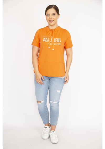 Şans Kadın Oranj Büyük Beden Yakası Kuşgözü Bağcık ve Taş Detaylı Sweatshirt-oranj Turuncu
