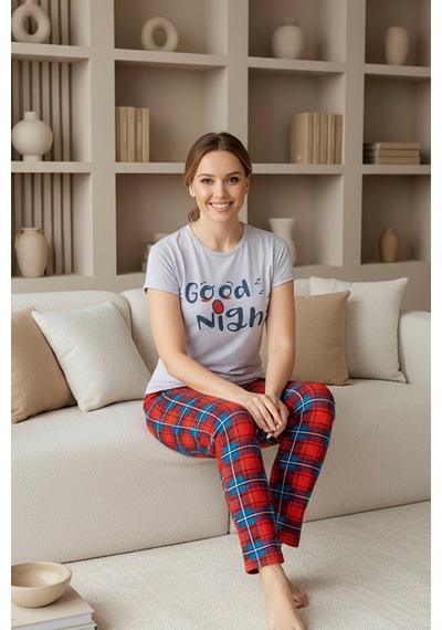 Desenli Süprem Kısa Kollu Kadın Pijama Takımı Gri