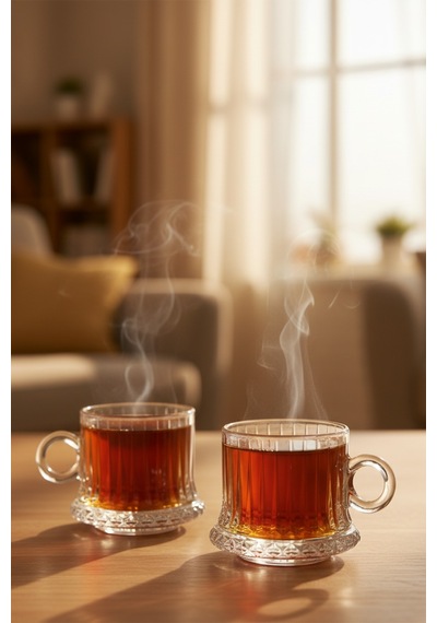 6 Kişilik Kristalize Desen Şık Tasarım Cam Kulplu Çay Takımı Şeffaf