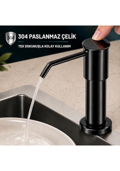 Valkyrie Siyah Ankastre Sıvı Sabunluk Bulaşık Deterjanı Pompası 304 Paslanmaz Çelik 1 Metre Hortumlu