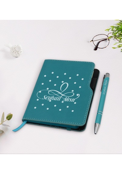 Kişiye Özel Isimli Turkuaz Termo Deri Defter Kalem Seti-4