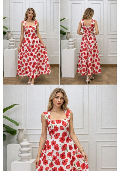 Moda Banuş Beyaz Gelincik Çiçeği Desenli Ekru Elbise Dar Kalıp