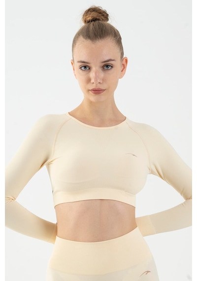 Maraton Active Slimfit Kadın Bisiklet Yaka Uzun Kol Training Ekru Crop Top 816005 Ekru