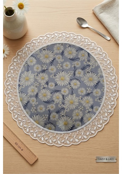 Dekoratif Yuvarlak Runner Papatya Desenli Fransız Güpürlü Masa Ve Konsol Örtüsü 60 Cm Çap Mavi