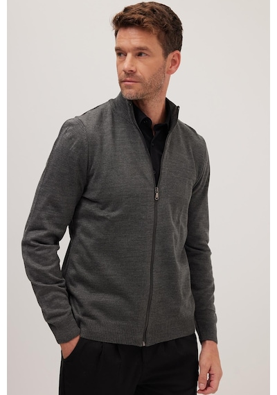 Tudors Erkek Slim Fit Dar Kesim Gri Dik Yaka Fermuarlı Düz Hırka-34916