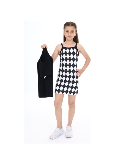 Toontoy Kız Çocuk 2'li Takım Baskılı Regular Fit Kare Yaka Askılı Elbise & Bisiklet Yaka Uzun Kollu Asimetrik Sweatshirt Siyah