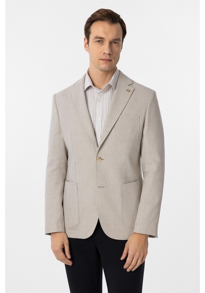 Süvari Bej Slim Fit Armürlü Mono Yaka 6 Drop Ceket