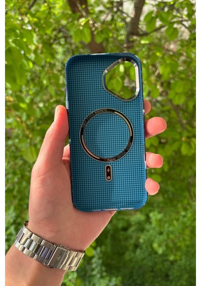 Apple iPhone Uyumlu 17 Deniz Dalgası Desenli Soft Dokulu Karbon Fiber Magsafe Kılıf Mavi