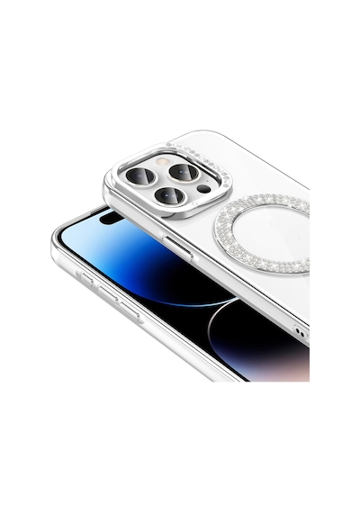 Apple Uyumlu iPhone 14 Pro Max Kılıf Pırlanta Taş Tasarımlı M-safe Şarj Özellikli Zore Karetta Silikon Kapak Mor