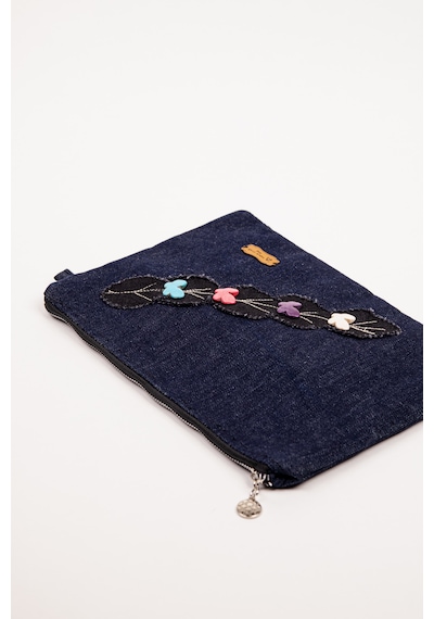 Fabric Craft Bag El Çantası Denim Kumaş Fermuarlı İçi Astarlı Nakış Detaylı 30 21 Cm Kot Lacivert