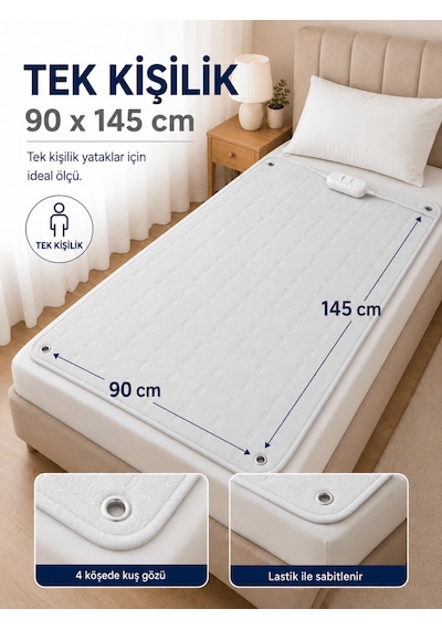 Beylini Omak Tek Kişilik Elektrikli Battaniye Tam Güvenlikli Dayanıklı Çift Kademeli Termostatlı Elektrikli Yatak Isıtıcı 90x145 Cm Beyaz