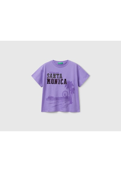United Colors Of Benetton Benetton Kız Çocuk Önü Payet İşlemeli Baskılı T-shirt Mor