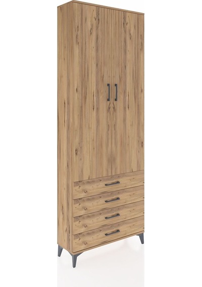 Arges Dolap 2 Raflı 4 Çekmeceli Tek Askılı 88x30x243 Çam-çam Atlas Çam