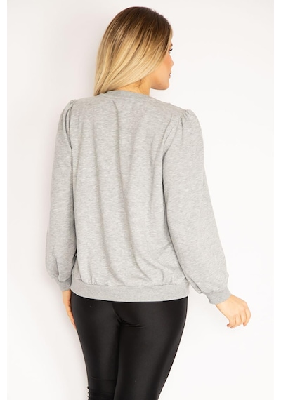 Şans Kadın Büyük Beden Gri 3 İplik Kalın Ön Baskılı Omuz Büzgülü Ribanalı Sweatshirt 65n37105-gri Gri