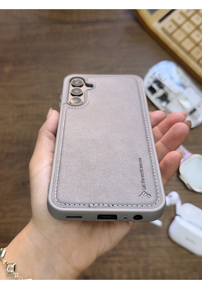 Samsung Galaxy A25 Uyumlu Premium Deri Dokulu Darbelere Karşı Dayanıklı Nazal Silikon Kılıf Gri