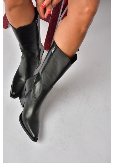 Fox Shoes Z654940103 Siyah Hakiki Deri Kalın Topuklu Western Kadın Çizme
