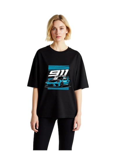 Paybuy Kadın Oversize Spor Araba Baskılı Tişört Retro Tasarım Rahat Kesi Siyah