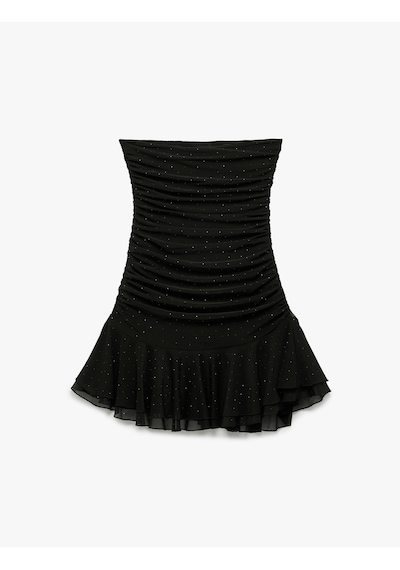 Koton Slim Fit Tül Etek Ucu Detaylı Taşlı Straplez Mini Elbise Siyah 5sak80535ek Siyah
