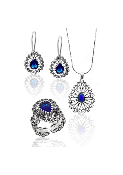 Safir Taşlı Damla Model Kadın 925 Ayar Gümüş Telkari Üçlü Set 201023144