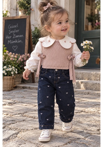 Ministok Lumiere Nakışlı Balon Jean Süveter Ve Gömlekten Oluşan 3'lü Kız B Pembe