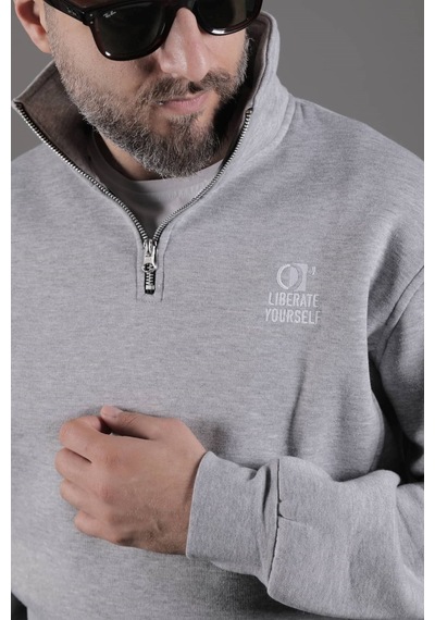 Dik Yakalı Parçalı Erkek Sweatshirt Gri