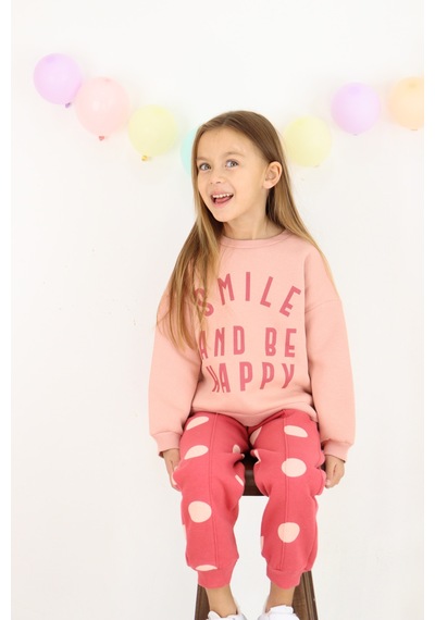 Kız Çocuk Smile And Happy Baskılı Kalın Eşofman Takımı Koyu Pembe