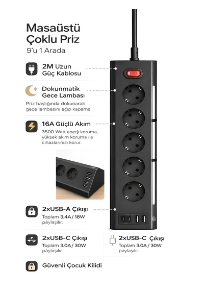 3680w 1050j Akım Korumalı 5li Priz 2 Usb 2 Type-c 3.4a Dokunmatik Led Anahtarlı 2m Kablo Çoklu Priz Siyah