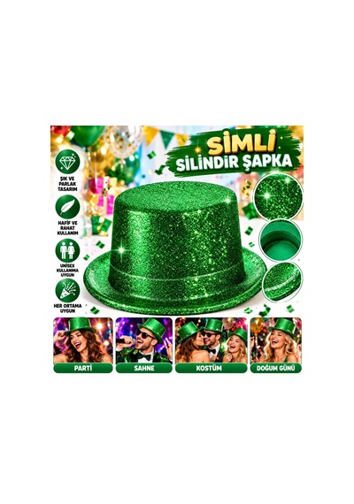 Ers Yeşil Simli Glitter Silindir Parti Şapkası Çok Renkli