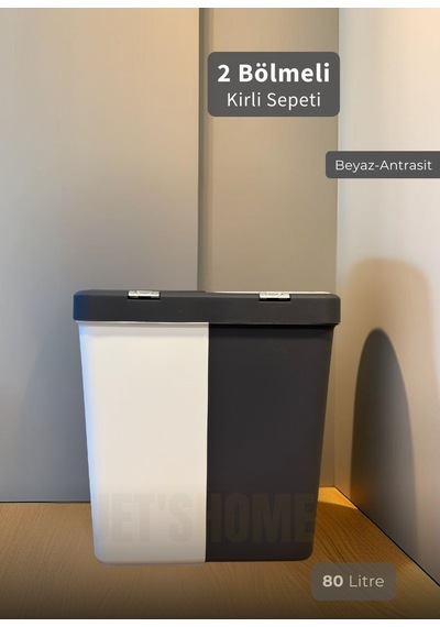 2'li Kirli Sepeti İki Bölmeli Çamaşır Sepeti Antrasit-beyaz Renkliler-beyazlar Sepeti 80 Lt. Antrasit Beyaz