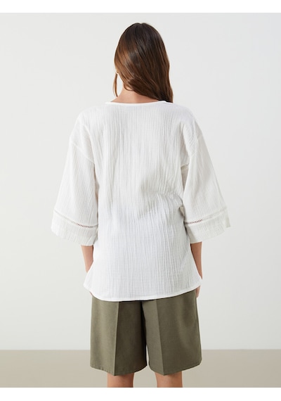 Lcw Vision Beyaz V Yaka Dokulu Oversize Kadın Kimono