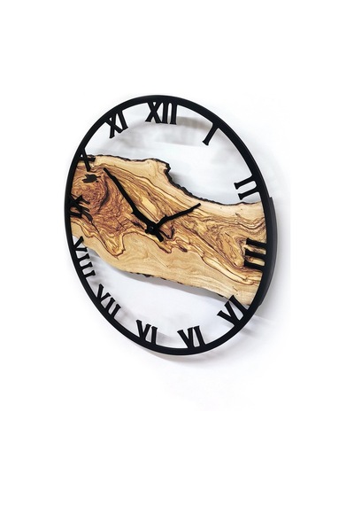 Roma Rakamlı Ağaç Dilimi Kütük Şeklinde Yuvarlak Duvar Saati Md2 40 Cm Dekoratif Tasarım Saat Ahşap