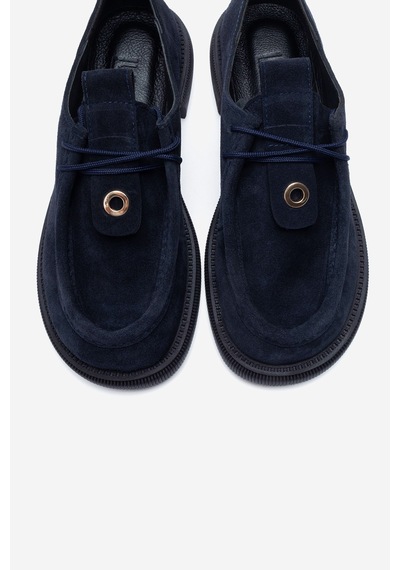 Luvi Shoes Band Lacivert Süet Hakiki Deri Bağcıklı Kadın Loafer Ayakkabı