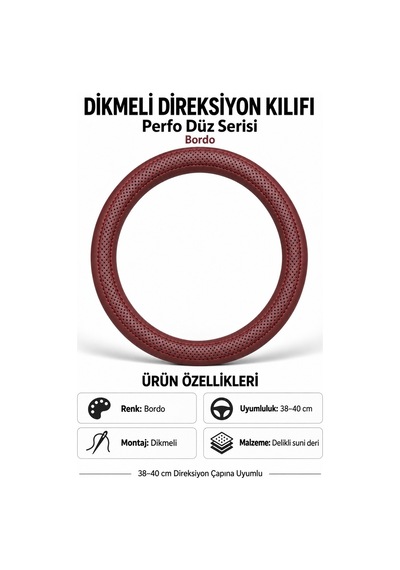 Trobus Opel Vectra 2003-2009 Uyumlu Dikmeli Direksiyon Kılıfı Perfo Düz Delikli Deri Bordo