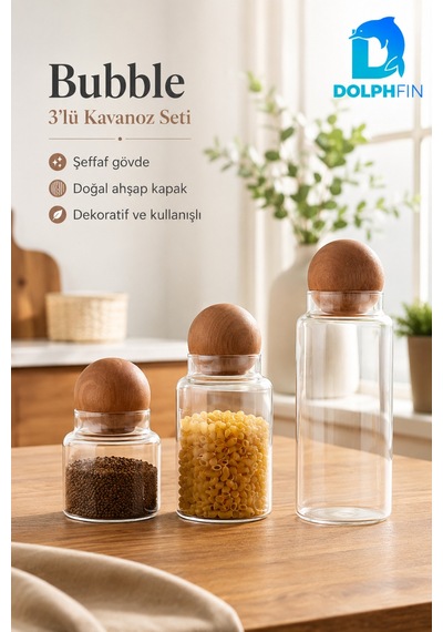 Bubble 3 Lü Cam Kavanoz Seti Küre Ahşap Kapaklı Erzak Saklama Kabı Şeffaf